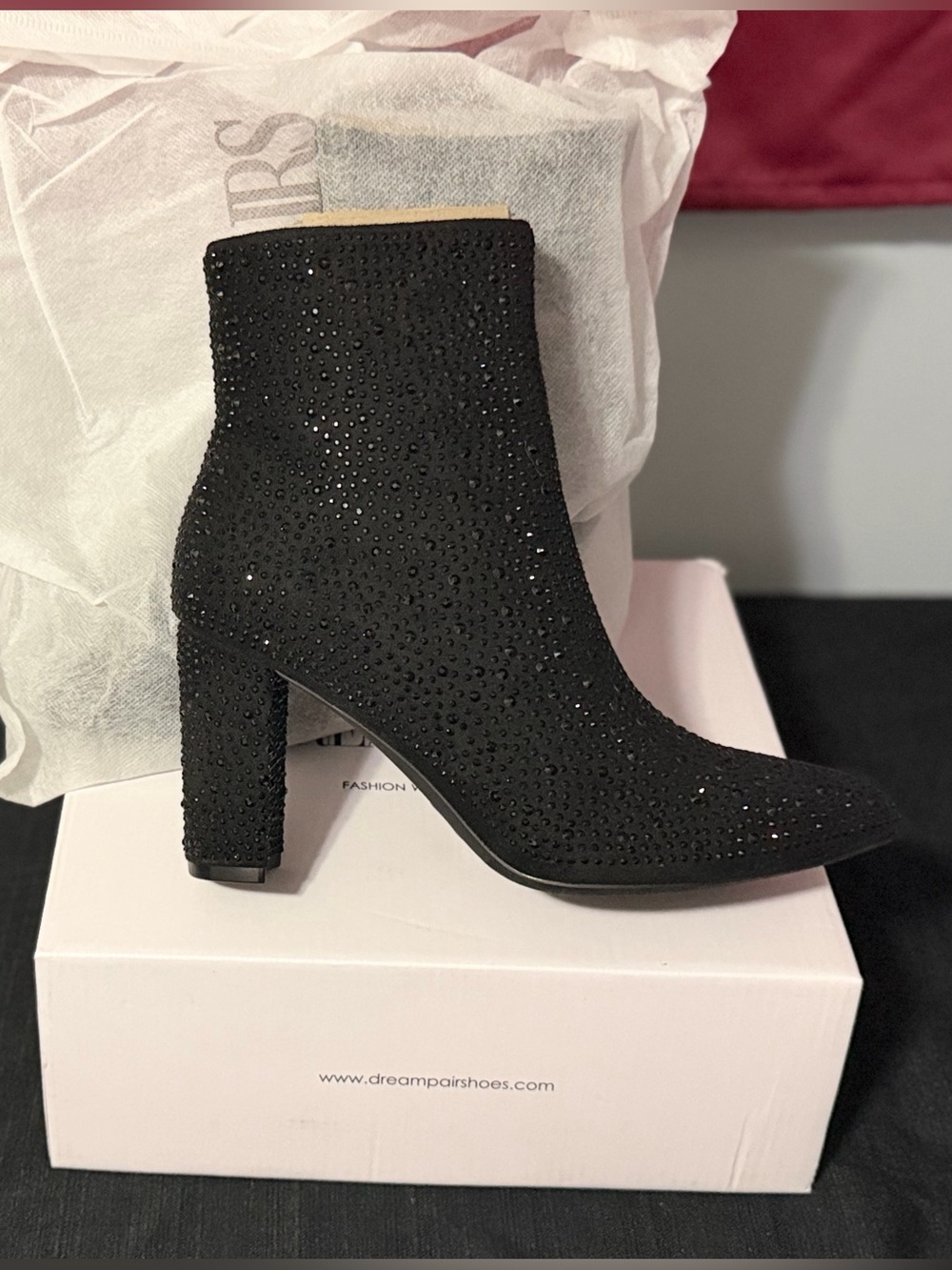 Dream Pairs Black Rhinestone Embellished Block Heel Ankle Boots